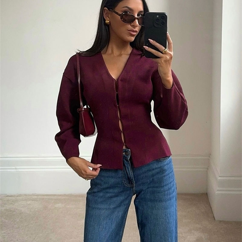 TRAFZA Women Elegant Knitted Coats Fashion Burgundy Red Vneck Slim Cardigan Autumn Office Lady Chic Solid Long Sleeve Outerwear 250918