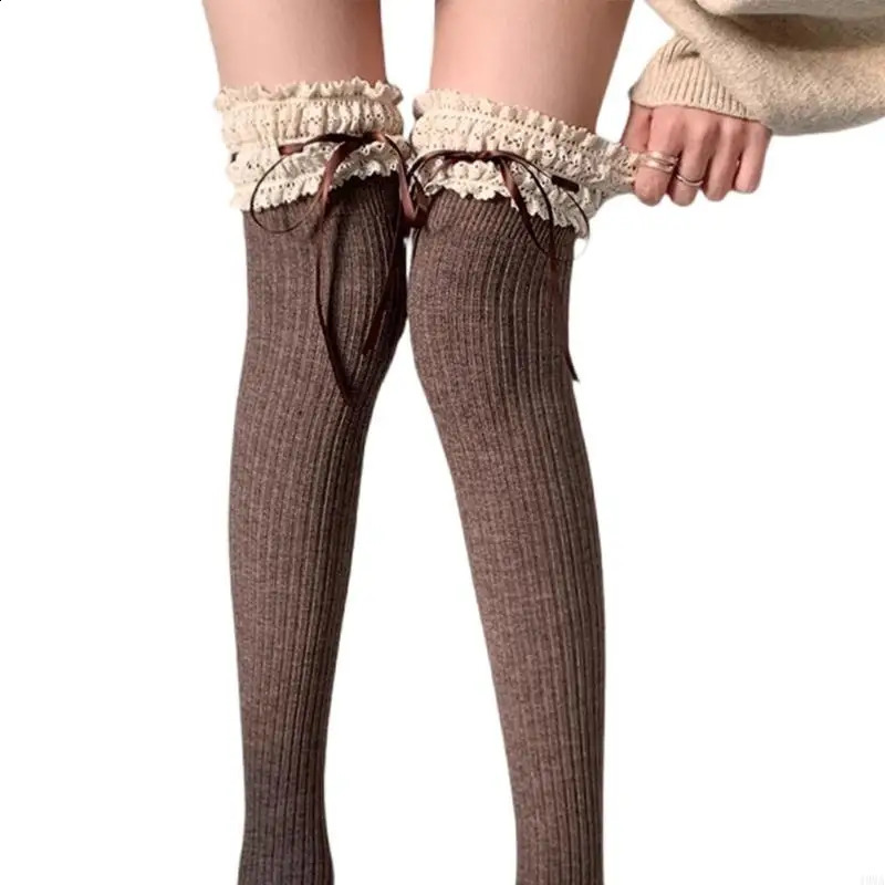 49mA Elegant Femmes Femmes à volants Trim de la cuisse Hautes chaussettes avec coton à bowknot chaud sur les bas de genoux pour les robes et les