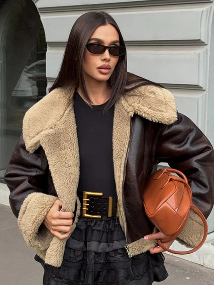 Fashion PU Leather Jacket for Women Vintage Zipper Loose Turndown Collar Female Lamb Wool Jacket Autumn Ladies Jackets 250918