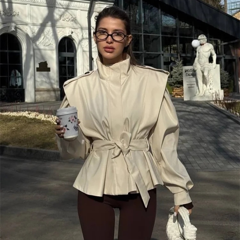 Solid Wide Shoulder Trench Coat Women Fashion Stand Collar Long Sleeve Lace Up Windbreaker 2025 Autumn Lady Street Outerwear 250918