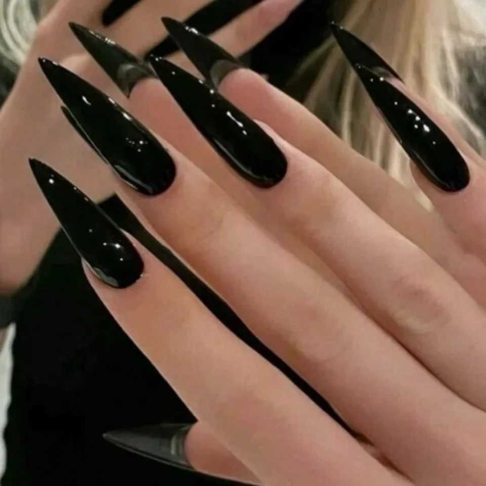 Luxury 2026 New Nails 24Pcs Extra Long Stiletto Black French Tip Nail Design Style Modern Classic Simple Solid Color Full Cover Fake False Nails Fas