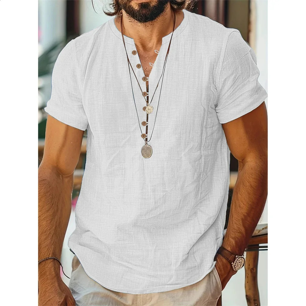 Mens Short Sleeve Cotton Linen Tshirt Casual Solid Color Half Button Oneck Breathable Summer Tees Male Cozy Top 250919