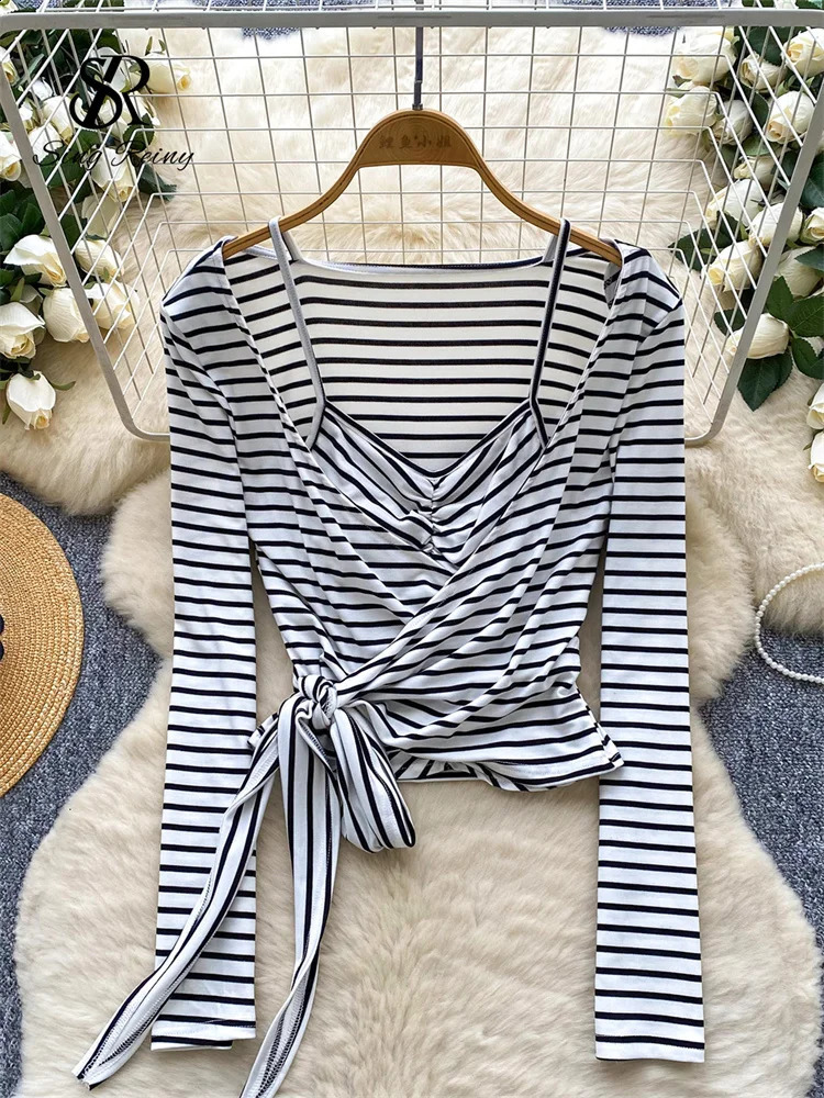 SINGREINY 2025 Autumn Sexy Striped Fake TwoPieces Women Bow Tie Blouse Long Sleeves Loose Top Korean Casual Long Shirt Fema 250918