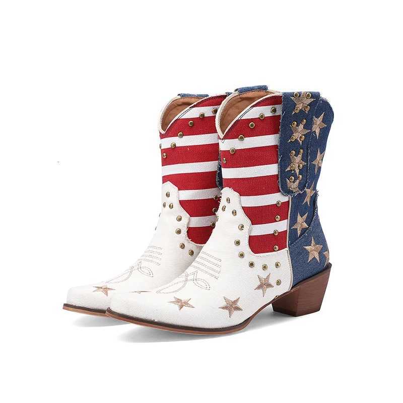 Womens Cowboy Western Boots USA Flag Ankle Booties Denim Studded Rivets Embroidery Stars Stripes Heeled Shoes 2024 New Footwear W250919