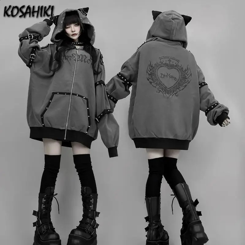 Y2k Aesthetic Letter Print Punk Hoodies Women Grunge Loose Pocket Oversized Hoody Harajuku Casual Streetwear Zipper Sweatshirts 250918