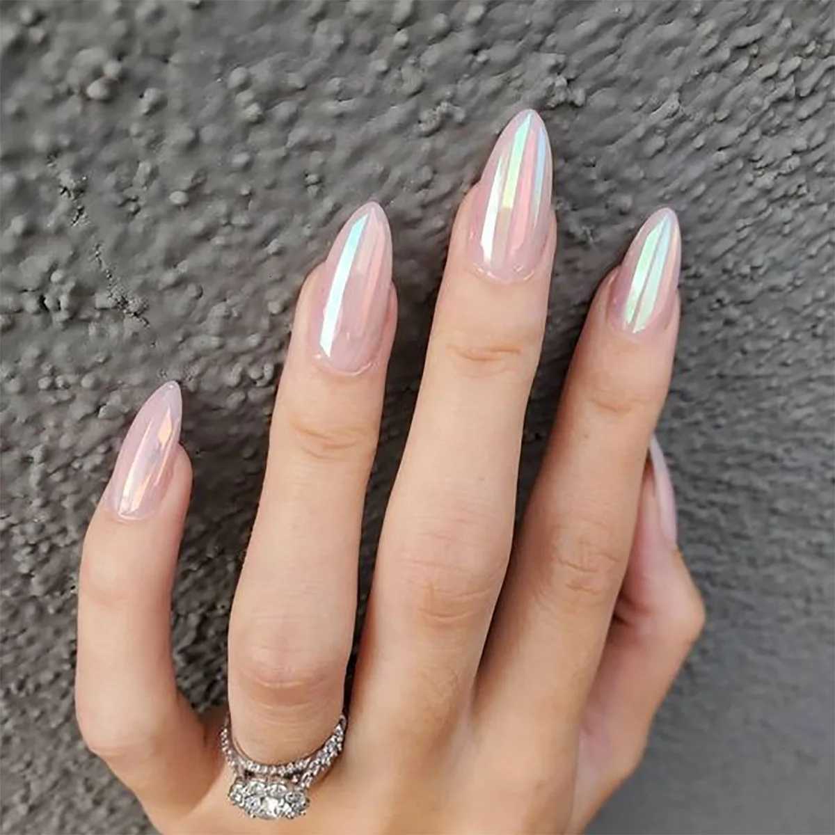 24Pcs Midlength Stiletto Fake Nail with Jelly Glue Aurora Pure White Design Almond False Nails Wearable Oval Press on Nails W250919