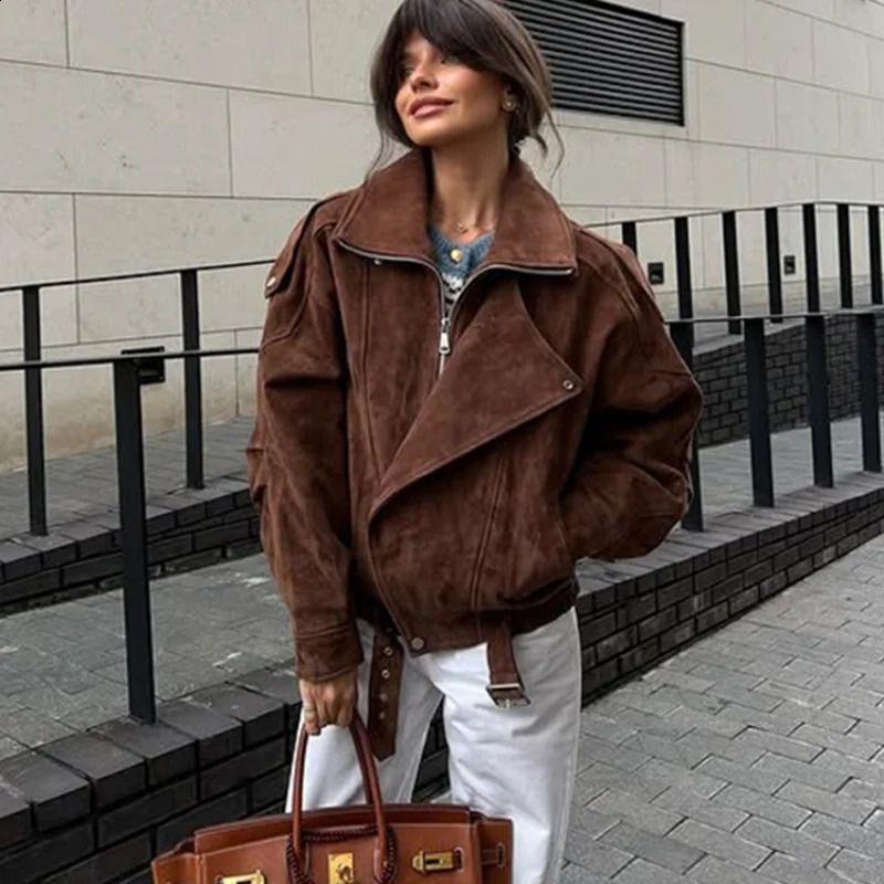 Womens Faux Suede Oversize Jacket Long Sleeve Lapel Zipper Coat Vintage Brown Outwears 2025 Lady Fashion Streetwear Clothes 250906