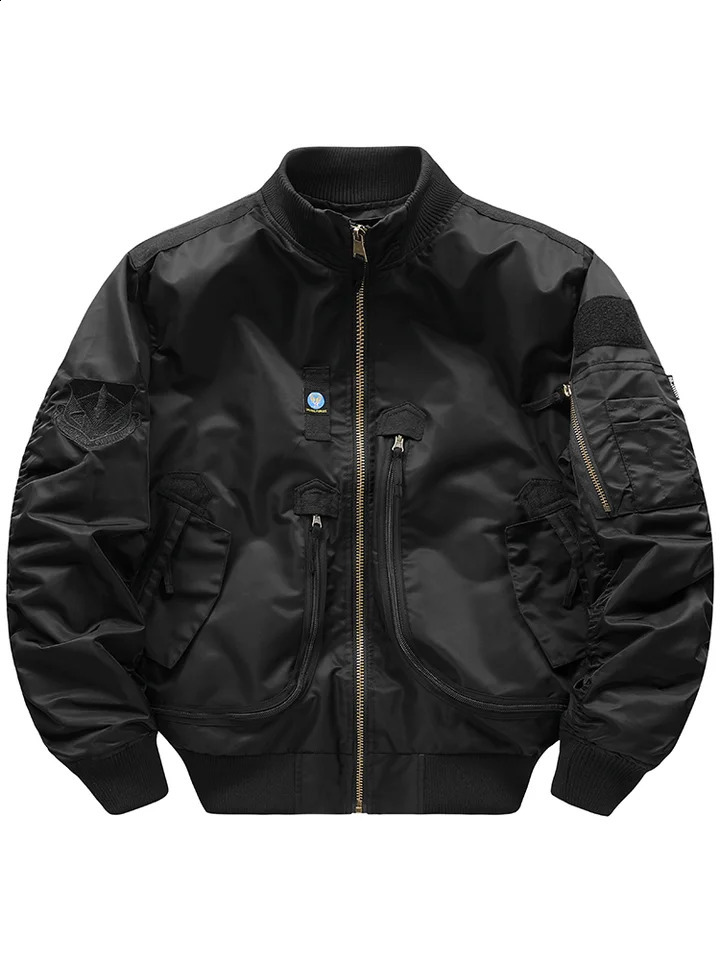 Mens Tactical Black Bomber Jacket with Military Inspired Patches Multi Pocket 250918