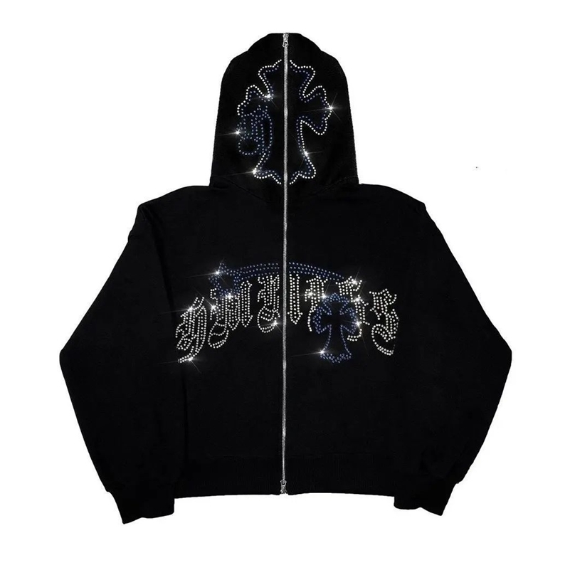 Woman Y2K Fashion Hoodie Rhinestones letter graphics Print Zip Hoodie clothes Hoodies Goth Long Sleeve Sweatshirt Oversized Top 250918