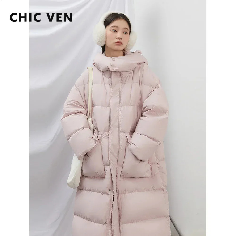 CHIC VEN Korean Women Down Coats Loose Solid 90 White Duck Down Hooded Windproof Long Female Puff Down Jacket Winter 2025 250917