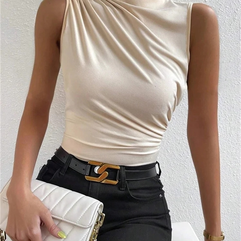 Fashion Casual Mock Neck Ruched Tank Top for Women Summer 2024 Solid Color Pleated Sleeveless Tee Shirt Tshirt Streetwear Y2K y250918