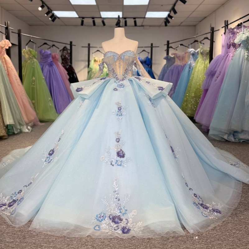 Ciel bleu brillant quinceanera robes hors de l'épaule perle paillettes appliques dentelle tull manches longues anniversaire sweet 16 robes vestid