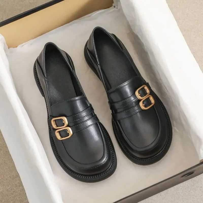 Summer fi leather womens black flat bottomed leather shoes work shoes Plus Sizethick soled black womens loafersXJ250919