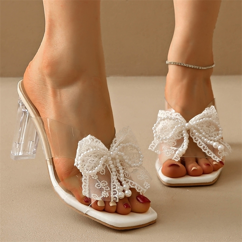 Elegant Womens Pearl Bowtie Sandals Summer Thick High Heels Crystal Slippers Woman Square Toe Lace Beaded Gladiator Shoes 250918