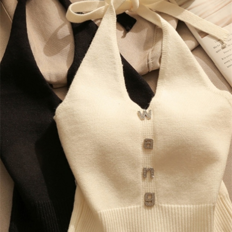 Sexy Cross Vest Crop Tops Women Sports Tshirt Knitted Off Shoulder VNeck Solid Backless Tank Vest Halter y2k Top Camisole 250918