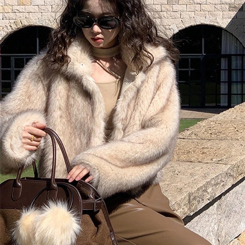 Fashion Fur Jacket For Women Elegant Stand Collar Long Sleeve Loose Female Cardigan Autumn Winter Lazy Ladies Streetwear 250918
