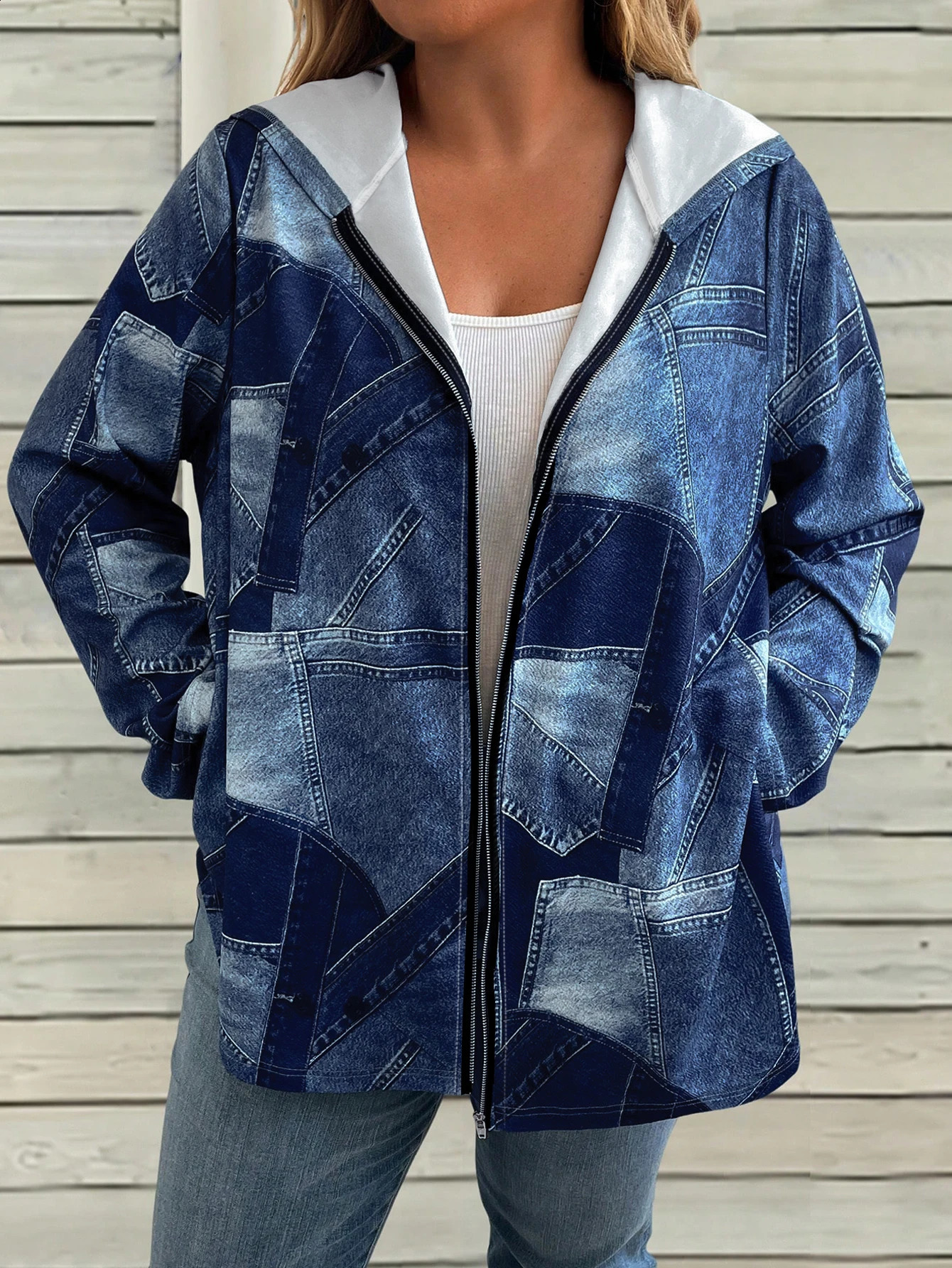 Plus Size Womens Denim Patchwork Hoodie Zip Up Casual Fall Daily Outfitfashion longsleeve womens Sweatshirt 250919