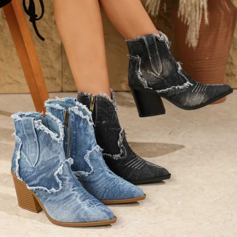 Botas cortas de mezclilla zapatos femeninos de moda cremallera de punta puntiaguda tacones botines Mujer botas de vaquero occidentales botas de Muje