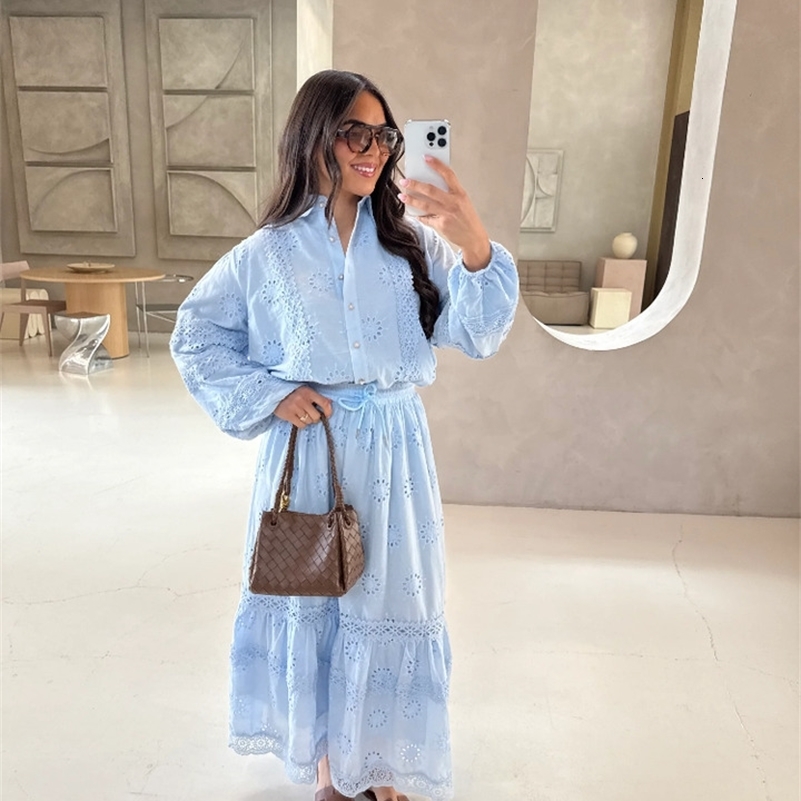 Casual Embroidery Hollow Out Shirt Skirt Women Set Solid Lapel Long Sleeve Top Patchwork Skirts 2025 Autumn Chic Lady Outfit 250918