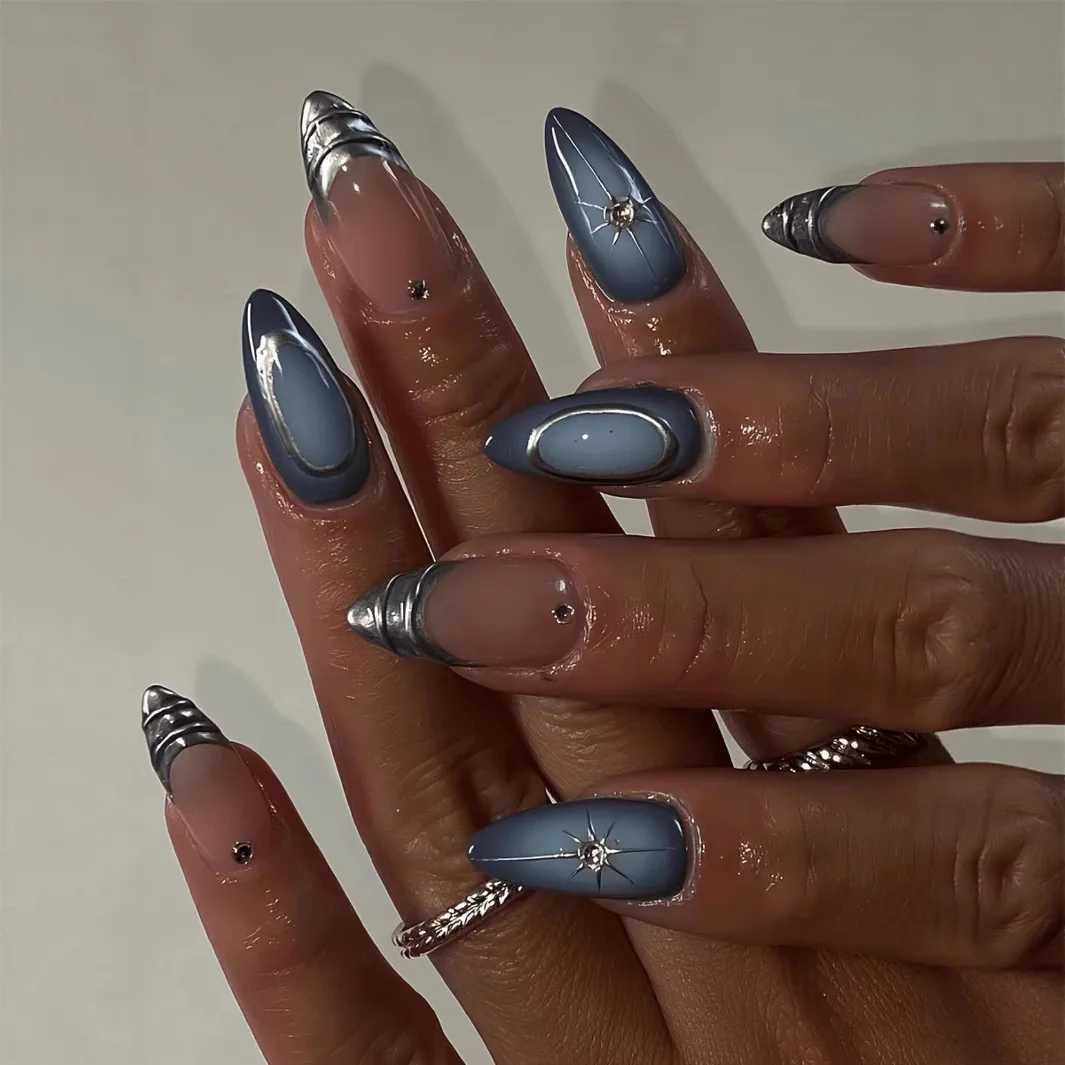 24pcs French Almond Press on Nails Blue False Nails Star Pattern Wearable Stickon Nails Fake Nail Uas W250919