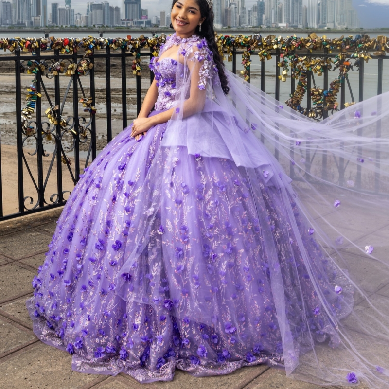 Lavande Hiny Quinceanera Robes de l'épaule Applique de fleur de fleur Crystal Tull avec Cape Corset Party Birthday 16 Viens de robe Vestidos de 1