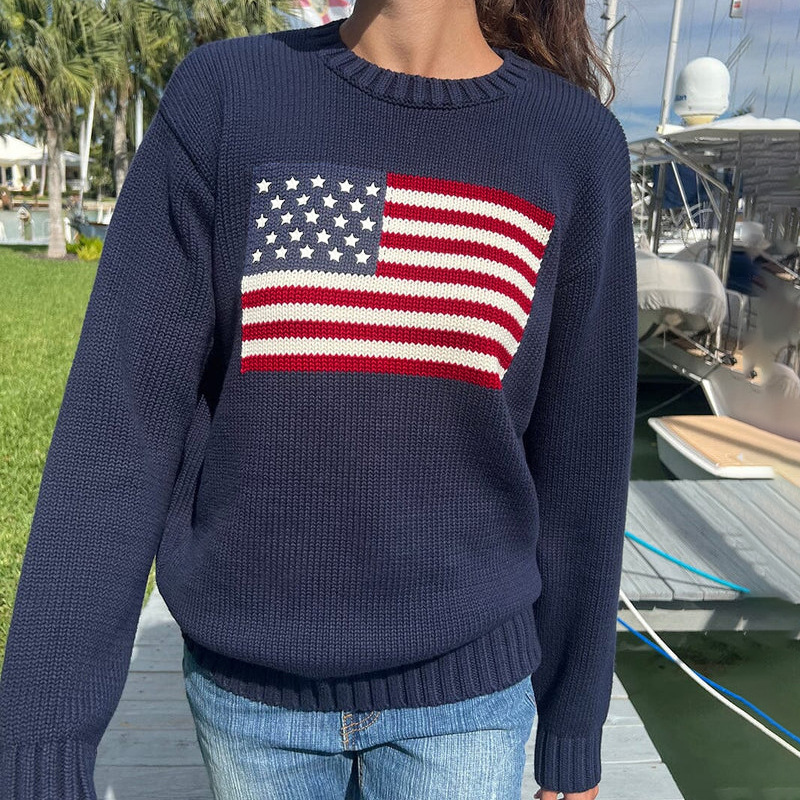 Women's Loose Fit Sweaters Fall Winter Casual Stars Stripe Flag Print Round Neck Long Sleeve Pullovers Knitted Jumpers