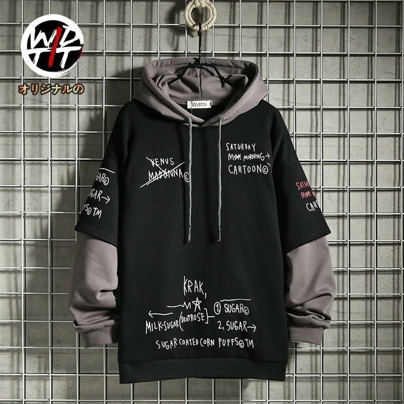 Spring Autumn Mens Sweater Retro Mock TwoPiece Hooded Korean Hip Hop Print Sweatshirt Loose Hoodie Male Fleece Padded Jacket250918