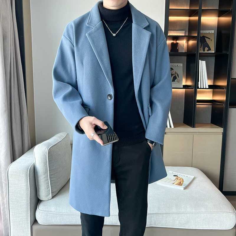 2022 New Autumn Woolen Trench Korean Men Fashion Business Casual Solid Long Trench Streetwears Winter Men One Button Overcoat X250919