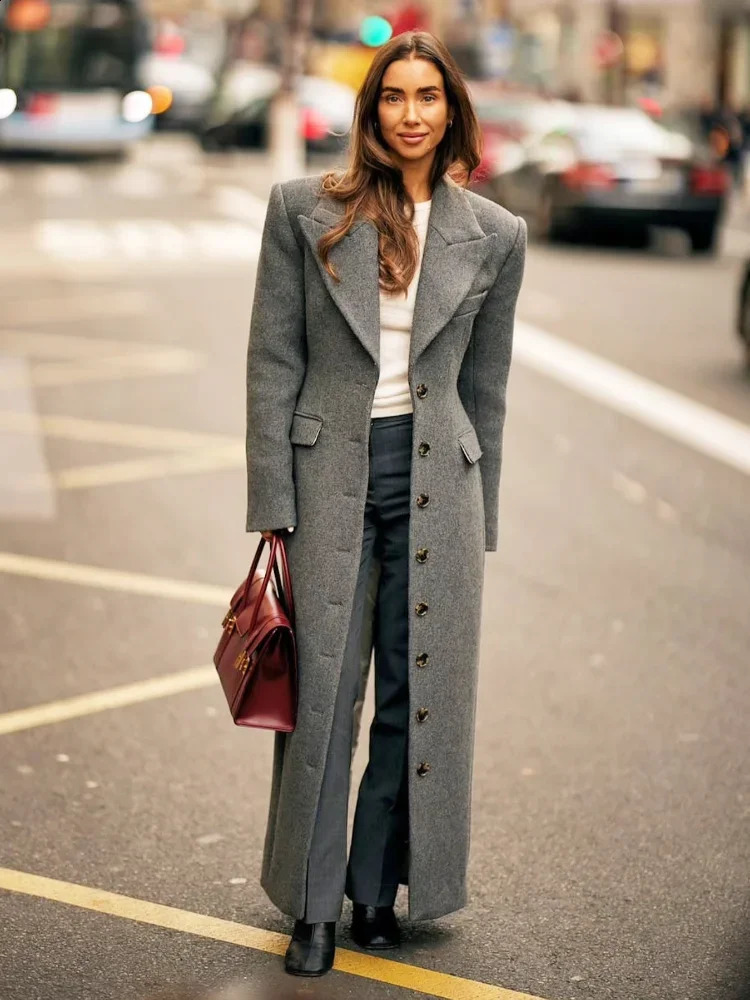 Fashion Waist Cinching Woolen Long Coats For Women Lapel Long Sleeve Singlebreasted Shoulder Pad Coat Lady Outwear 250918