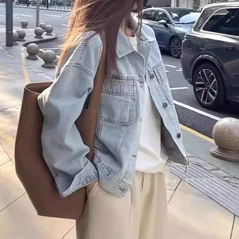 Jackets Women Denim Coat 2025 Autumn Washed Vintage Mom Jeans Single Breasted Turn Down Collar Pockets Outerwear Streetwear 250919