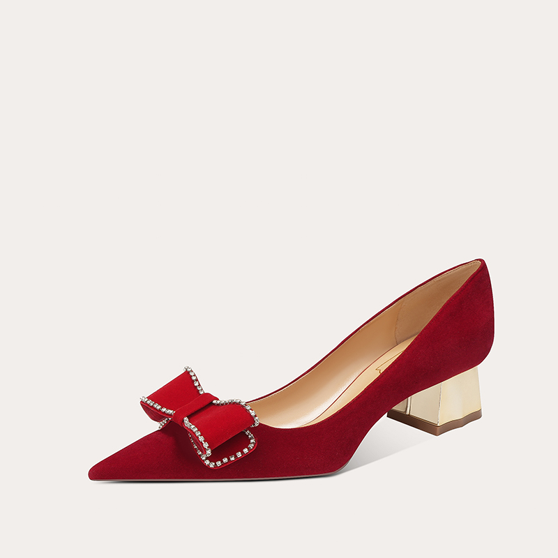 dmc1602 new style chunky heel wedding shoes for brides red xiuhe shoes pregnant womenfriendly sheepskin slipon shoes