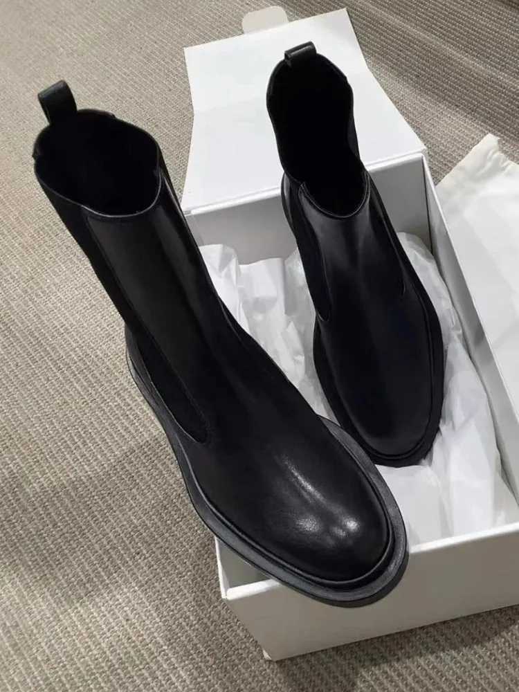 Womens Genuine Leather Chelsea Boots British Style ThickSoled Ankle Boots with Block Heel Elastic Slim Fit Short Boots W250919