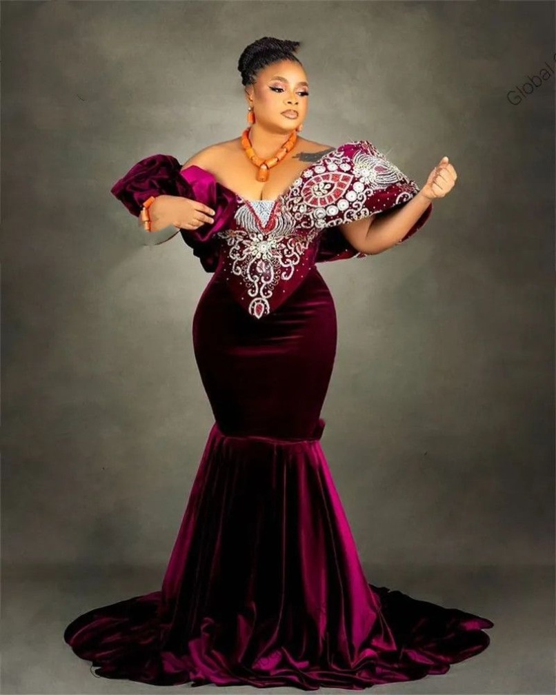 Arabic Aso Ebi Off The Shoulder Evening Dresses Ruffles Crystal Beaded African Black Girls Prom Party Dress Plus Size 9P16