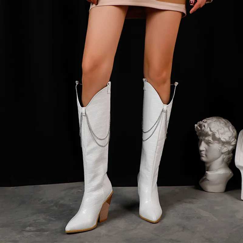 Women Knee High Boots Western Cowboy Boots for Women Long Winter Boots chain zip Pointed Toe Cowgirl wedges Boots Black White W250919