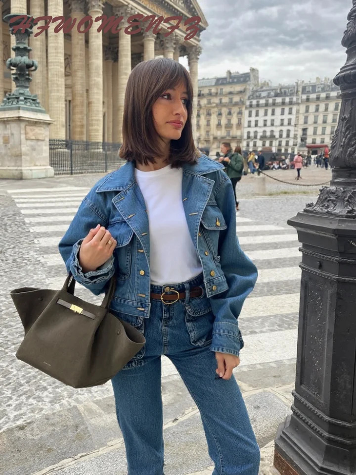 Veste femme à revers solide Veste à manches simples à poitrine simple Mode 2025 mode toutes les poches de correspondance droite en denim saut-par