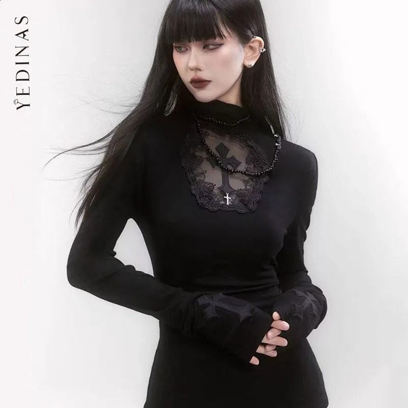 Yedinas Black Gothic Cross Graphic T Shirts 2000s Clothes Y2k Long Sleeve Spring Autumn Tops Tees Female Clothing Women Tshirt 250918