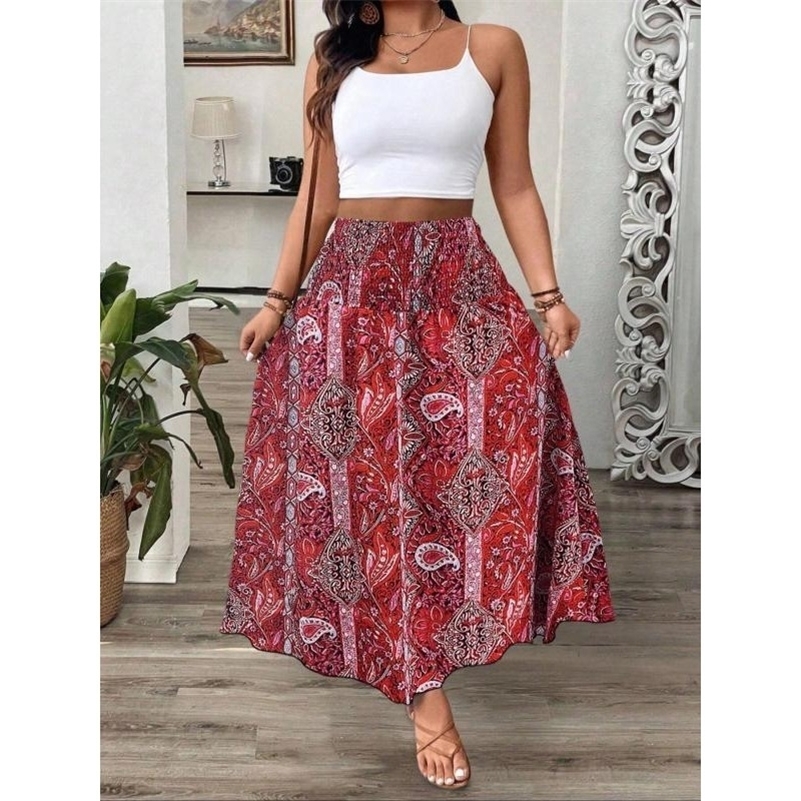 Plus Size 1XL5XL Womens Bohemian Print Skirts Summer Leisure Temperament Length Skirt Elastic Waist Women Long y250918