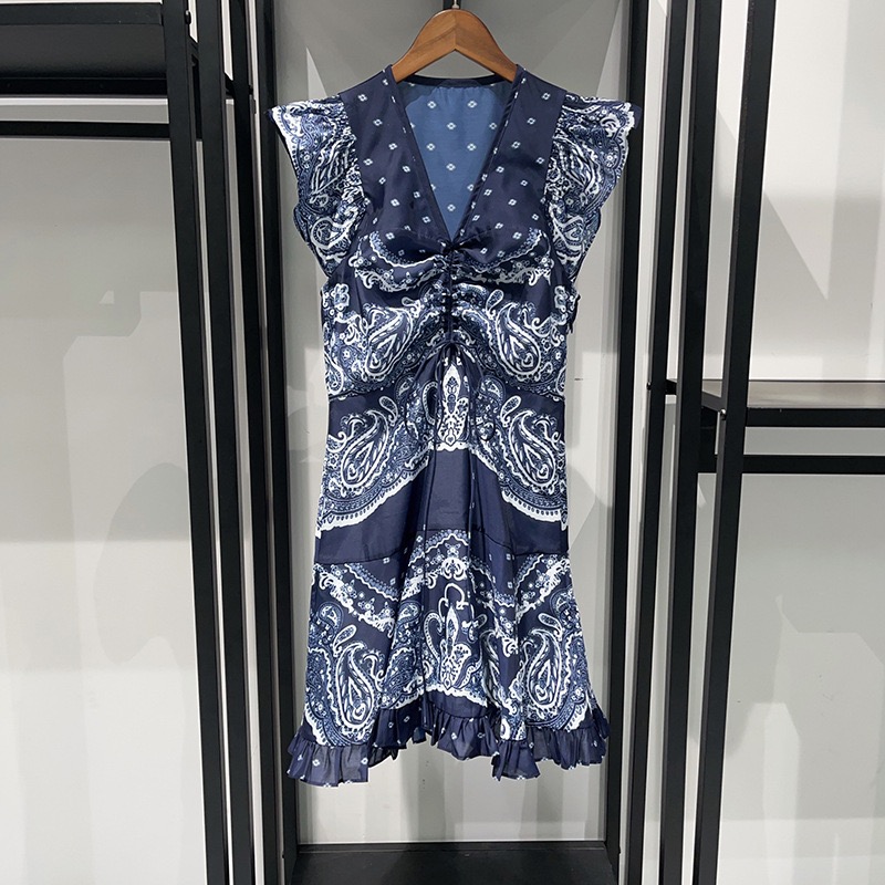 SD Home IULV25 Summer New French Ethnic Style Printed Rope V-neck Sleeveless Vest Symmetrical Dress