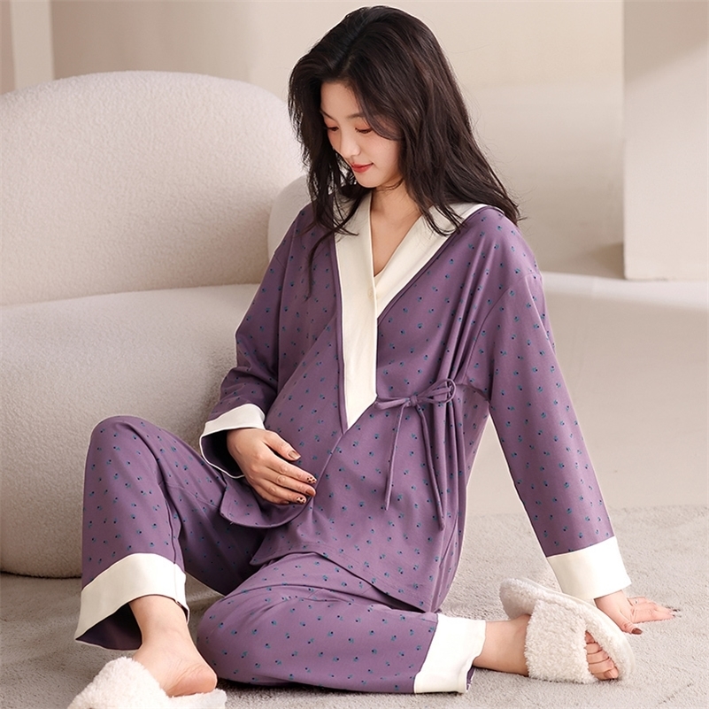Automne post-partum femme allaitement allaitement ensemble de pyjama à manches longues infirmières toppants 2pcseset de maternité de maternité en