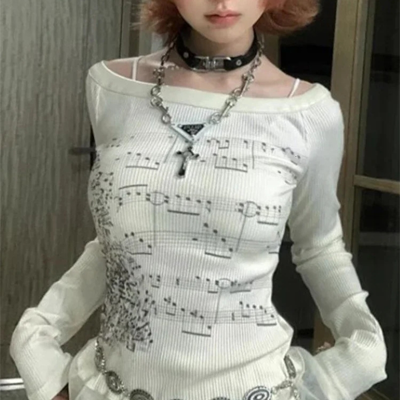Punk T Shirts for Women Print Long Sleeve Tunic Tees Fashion Korean Camisetas Y2k Tops Slash Neck Casual Tshirts Ropa Mujer 250918