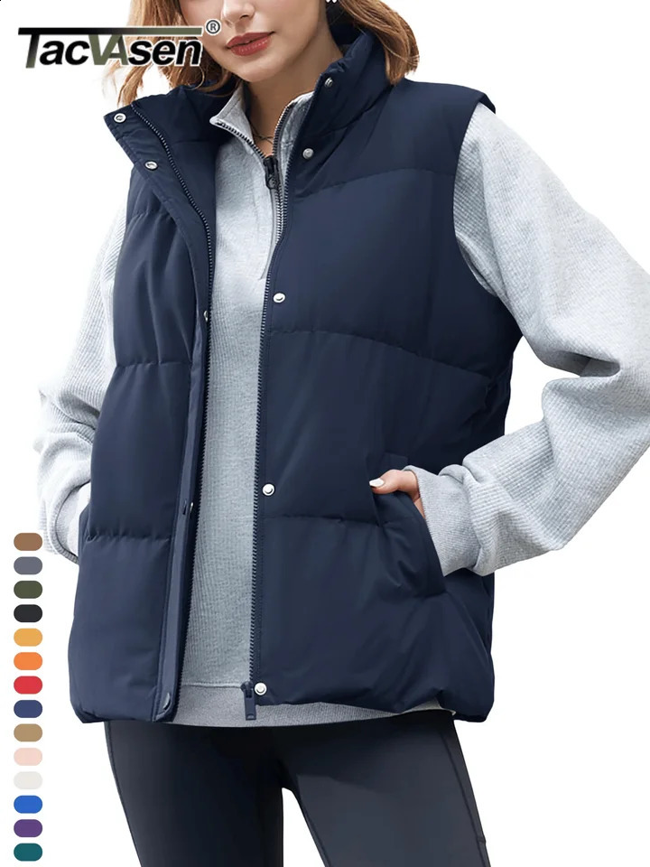 TACVASEN Duck Down Puffer Vest Womens Winter Padded Sleeveless Stand Collar Jackets Lightweight Warm Outwear Waistcoat 2 Pockets 250911