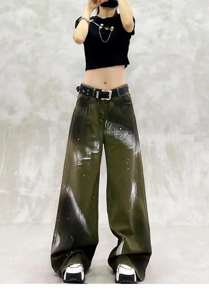 Couleur bloquée brossé vert green lavé décontracté haute taille pantalon de jambe droite y2k jeans pour femme jean 250919