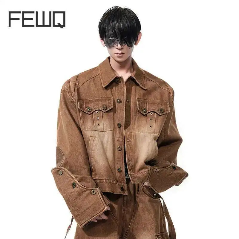 FEWQ High Street Mens Denim Sets Lapel Single Breasted Letter Embroidery Solid Color Jackets Ribbon Straight Male Jeans 24K2840 250919