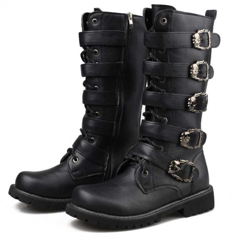 Mens Leather Motorcycle Boots Midcalf Boots Gothic Belt Rock Punk Shoes Outdoor Black Casual Boot Winter Large Size Men Boots W250919