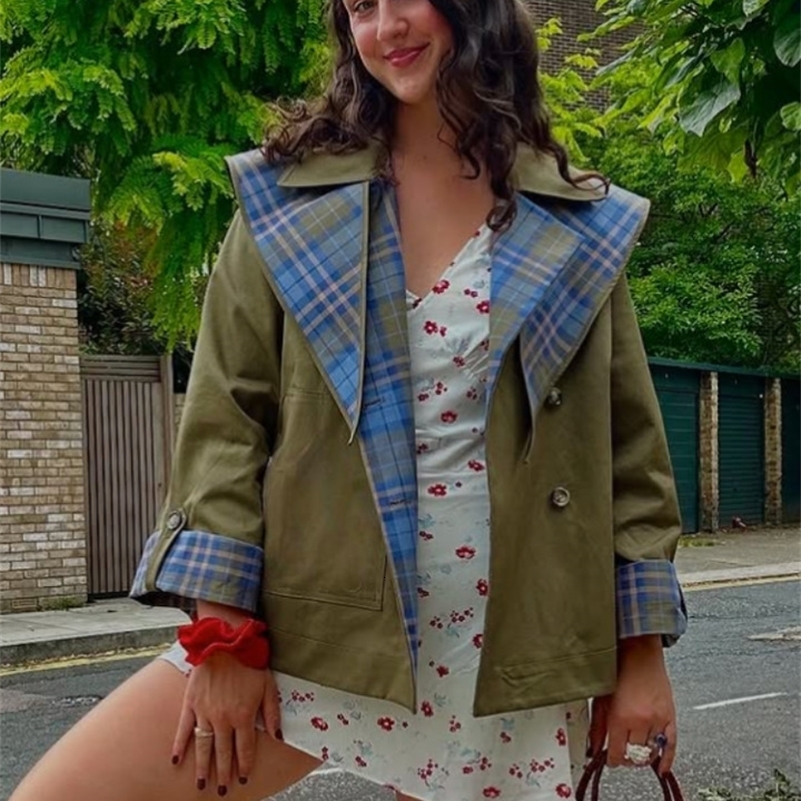 Plaid vintage réversible twoway manteau femmes surdimensionné simple de poche à pocket lâche 2025 Aautomn Lady Chic Outwears 250918