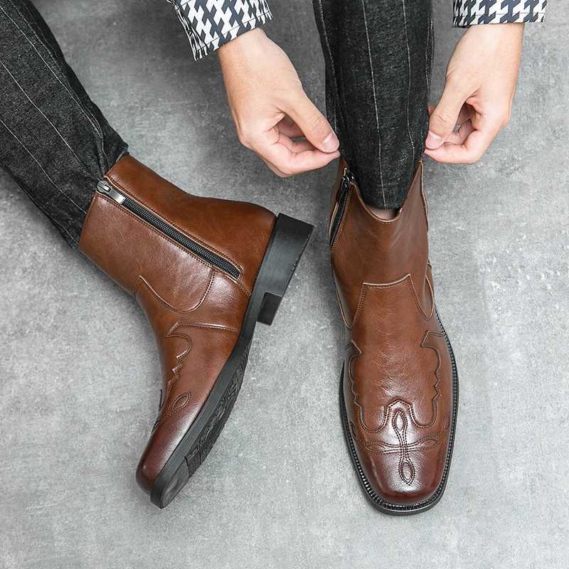 Trend britannique Mens Chelsea Boots Geatic Leather Designer Cowboy Boots Fabriqué à la main de la cheville occidentale confortable Chaussures ex