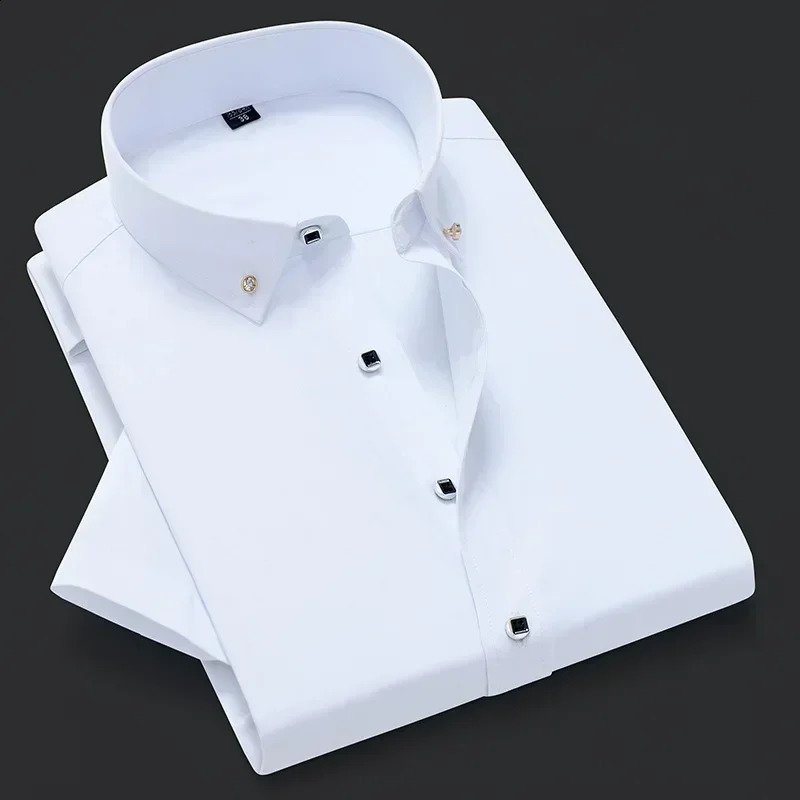 Mens White Shirt Korean High End Version Clothes Short Sleeve Long Casual Suit Bottom Shirts 250919