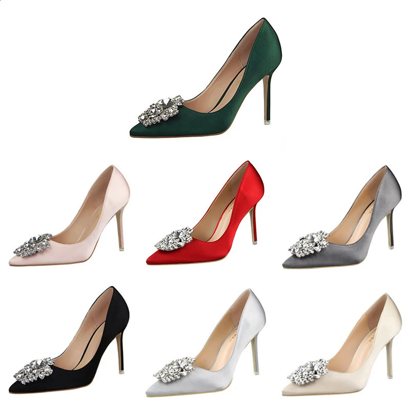 Women Satin 10cm High Heels Sexy Crystal Drag Queen Pumps Lady Pointed Toe Red Green Formal Occasion Evening Banquet Shoes 250918