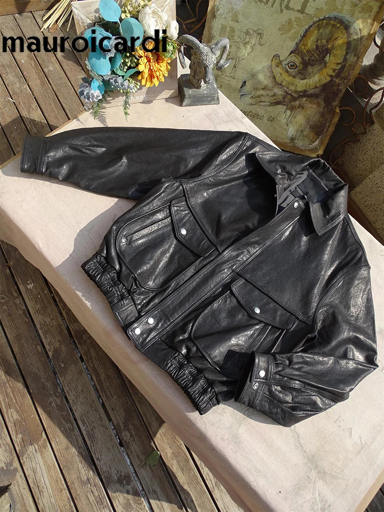 Mauroicardi Spring Autumn Cool Handsome Distressed Black Pu Leather Jacket Men Pockets Vintage Clothes 250919