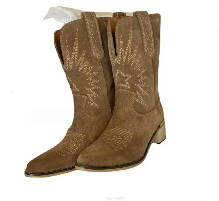 New Embroidered Women Boots Leather Handmade Pointed Toe Suedes Heel Autumn Winter Boots Cowboy Black khaki Retro Boots Large W250919